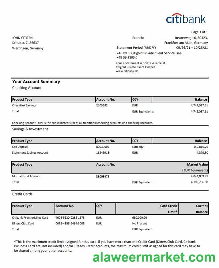 Germany Citibank bank account statement template in Excel and PDF format
